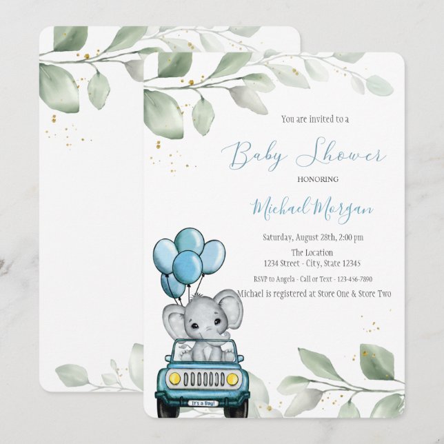 Invitación El auto Elephant Balloons sale de Baby Shower (Anverso / Reverso)