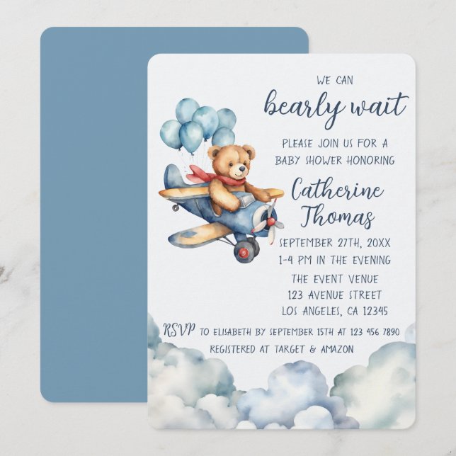 Invitación El avión de Teddy Bear Globo Boy Baby Shower (Anverso / Reverso)