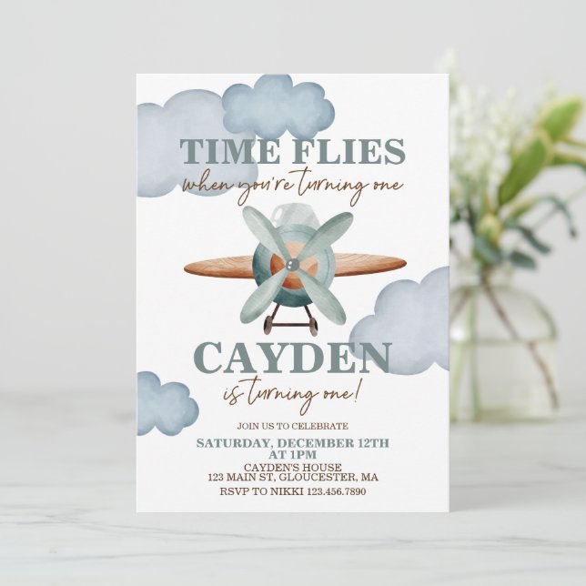 Invitación El avión Time Flies cumple su primer año (Anverso de pie)