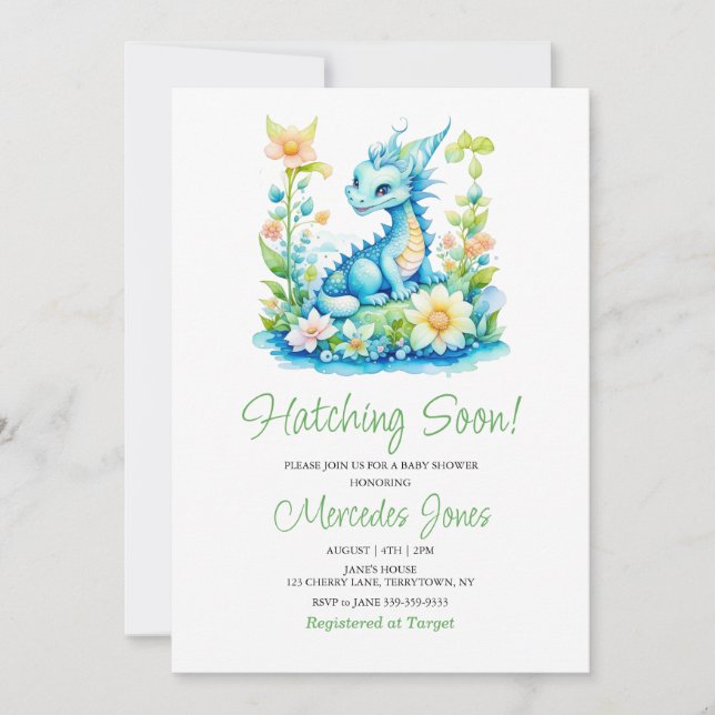 Invitación El azote floral del dragón azul pronto Baby Shower (Anverso)