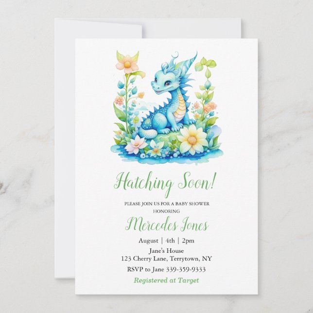 Invitación El azote floral del dragón azul pronto Baby Shower (Anverso)