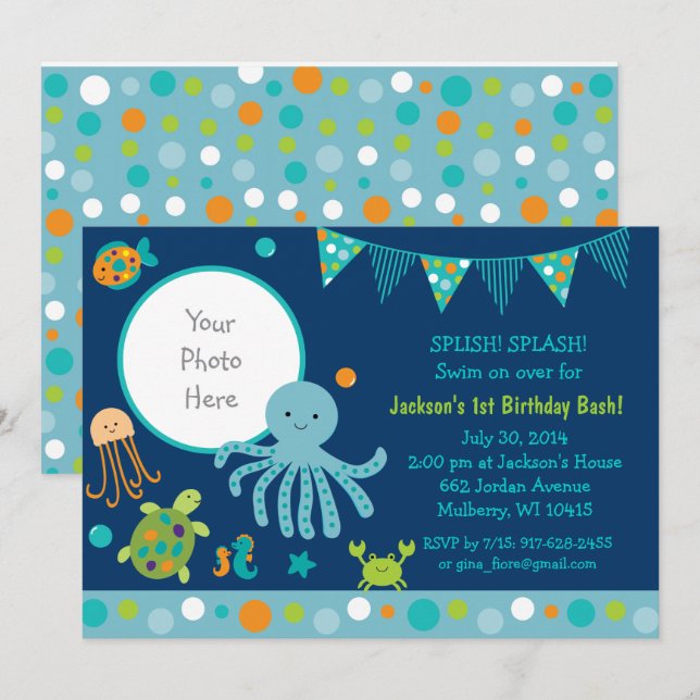 Invitación El azul bajo el mar cumpleaños (Anverso / Reverso)