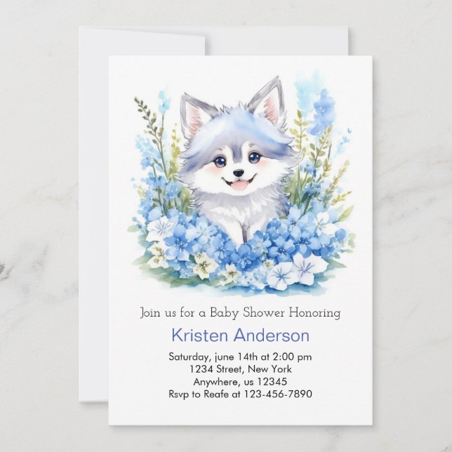 Invitación El azul brillante de Wolf Woodland Boy Baby Shower (Anverso)