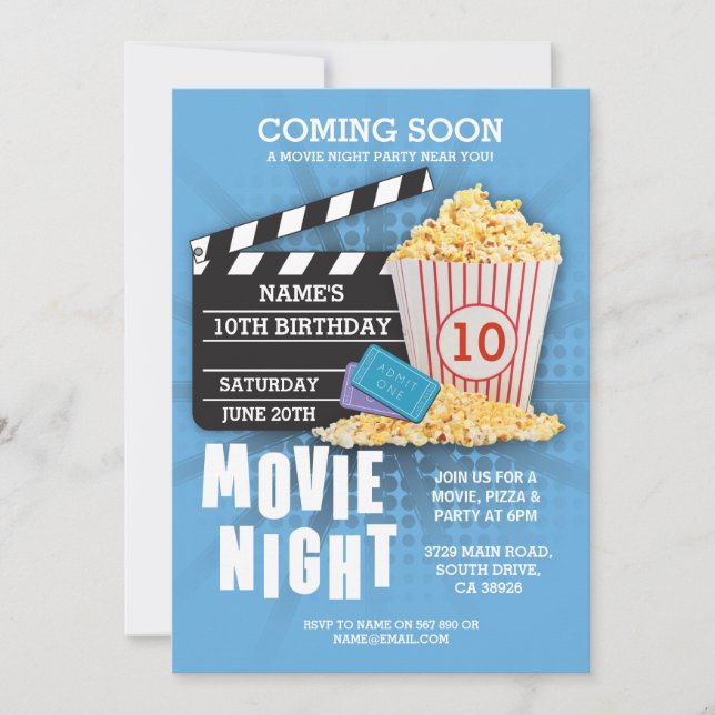 Invitación El azul de la fiesta de cumpleaños del cine de la (Anverso)