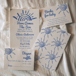 Invitación El Azul De La Mano Aquí Viene El Baby Shower Del S