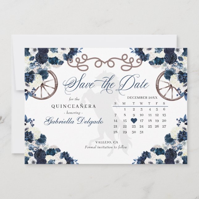 Invitación El Azul De La Marina Occidental Charro Quinceañera (Anverso)