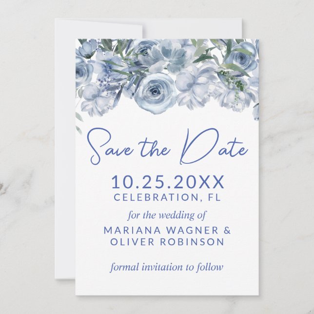 Invitación El azul turbio de la flor romántica blanca salva l (Anverso)