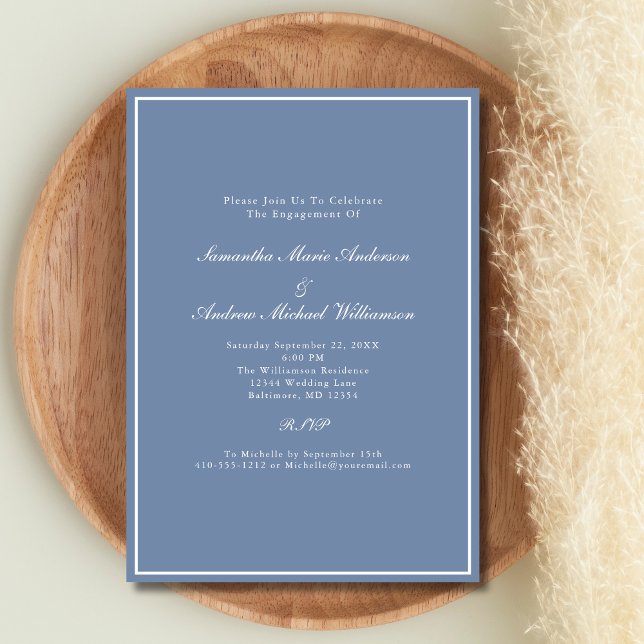 Invitación El azul turbulento Blanco Formal Elegante compromi (Dusty Blue White Elegant Formal Wedding Engagement party invitation)