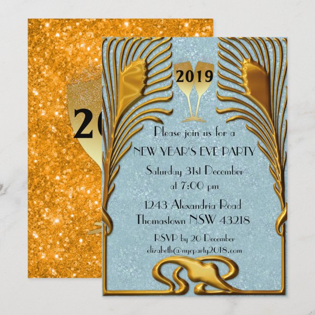 Invitación El azul y el oro Art Deco Nochevieja (Anverso / Reverso)