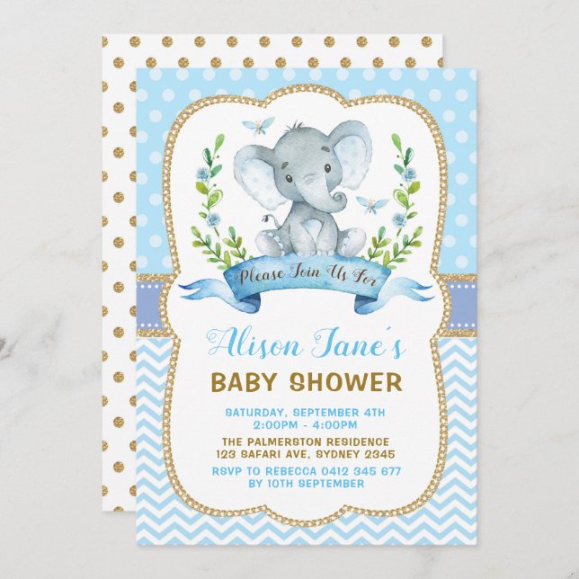Invitación El azul y el oro de Baby Shower del elefante del (Anverso / Reverso)