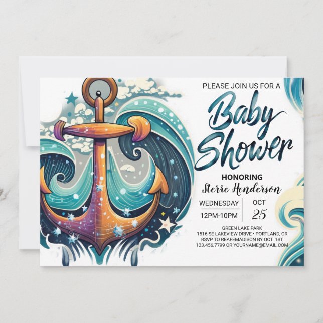 Invitación El Baby Shower azul de Nautical Boy (Anverso)