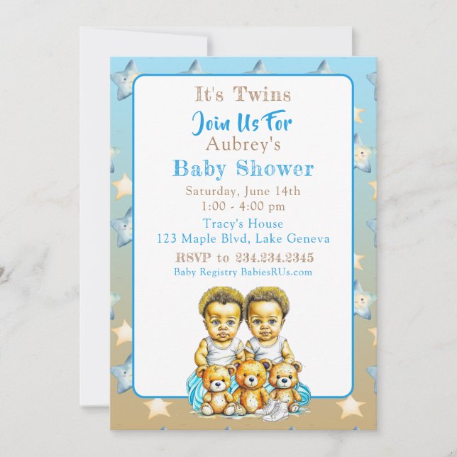 Invitación El Baby Shower azul del chico gemelo afroamericano (Anverso)