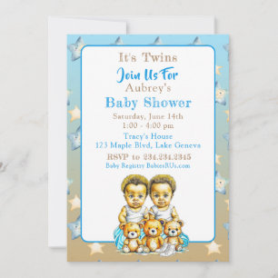 Invitación El Baby Shower azul del chico gemelo afroamericano