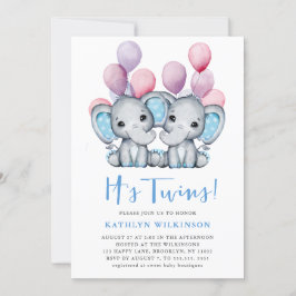 Invitación El Baby Shower con globo azul elefante gemelo