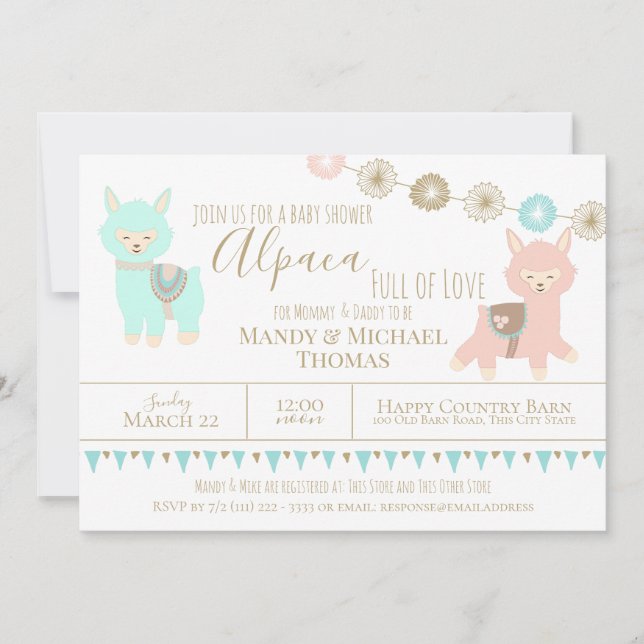 Invitación El Baby Shower de Alpaca con amor y género neutro (Anverso)