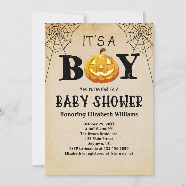 Invitación El Baby Shower de Halloween es un niño Jackolanter (Anverso)