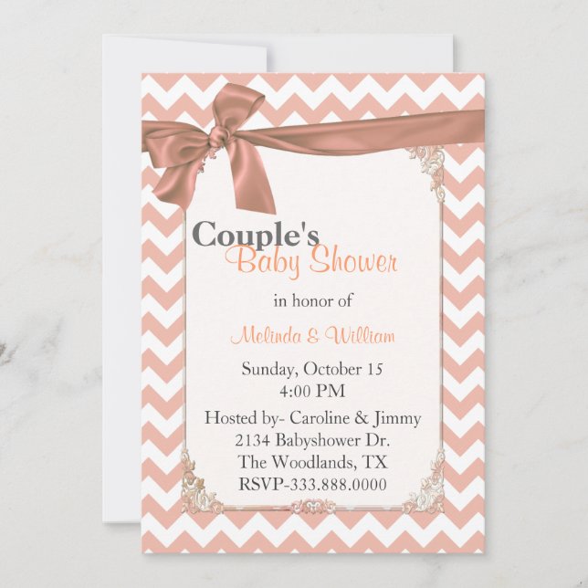 Invitación El Baby Shower de la elegante pareja Peach Chevron (Anverso)