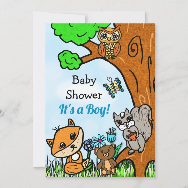 Invitación El Baby Shower de Little Fox y Forest Friends Boy (Anverso)