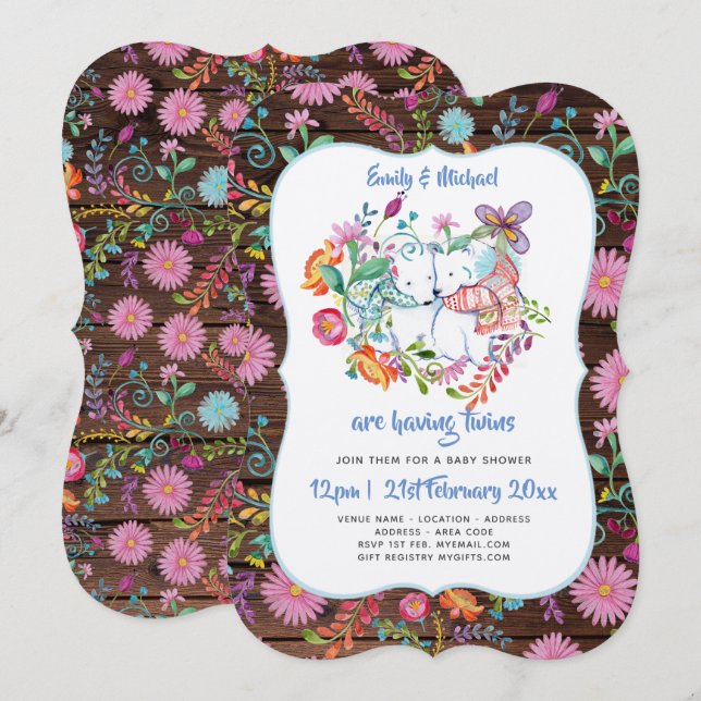 Invitación El Baby Shower de Polar Bear TWINS invita a las fl (Anverso / Reverso)
