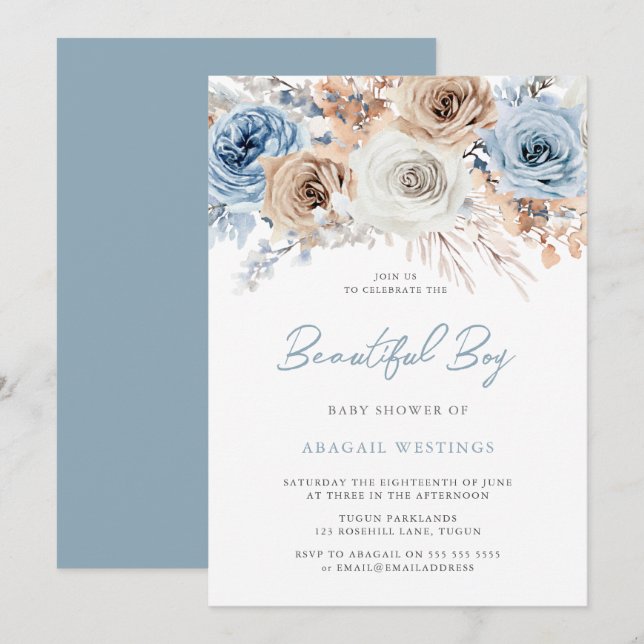 Invitación El Baby Shower de un niño hermoso: la floral azul  (Anverso / Reverso)