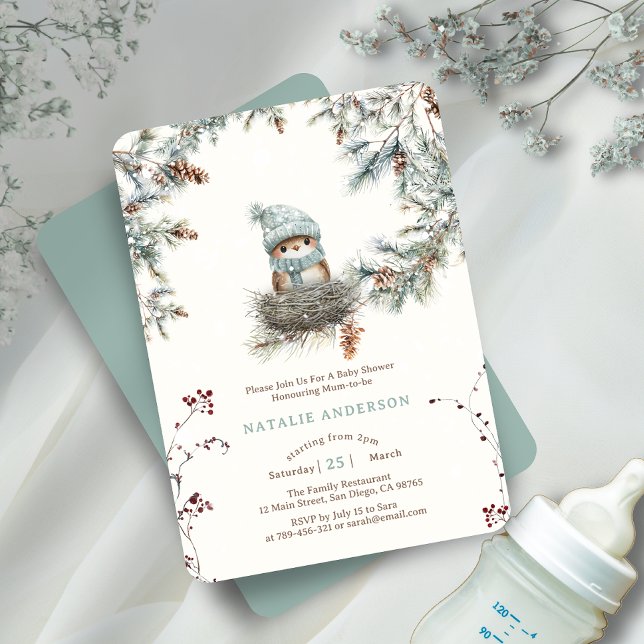 Invitación El Baby Shower del Nido de Pájaro Azul de Woodland (Cute Snowy Woodland Blue Bird's Nest Baby Shower Invitation)