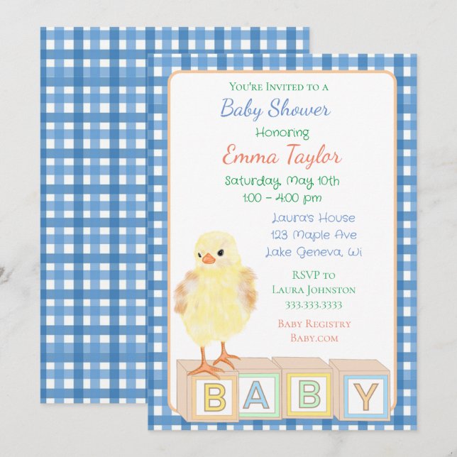 Invitación El Baby Shower del niño con polluelo y bloques de  (Anverso / Reverso)