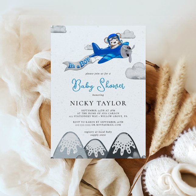 Invitación El Baby Shower invernal de un niño aviador de oso (Subido por el creador)