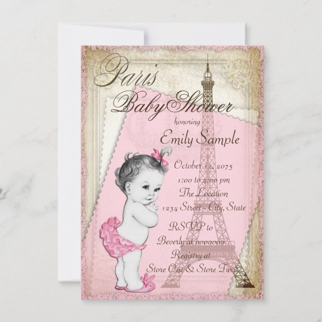 Invitación El Baby Shower rosado y dorado de París (Anverso)