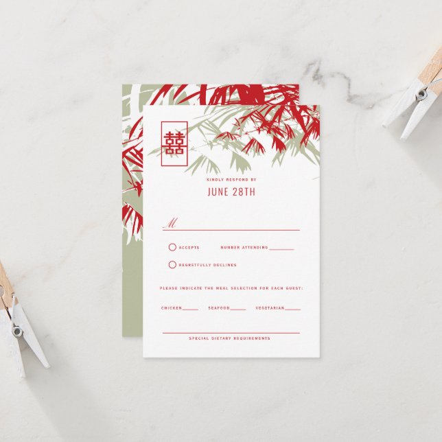 Invitación El bambú gris rojo y mosca deja la boda china RSVP (Anverso/Reverso In Situ)