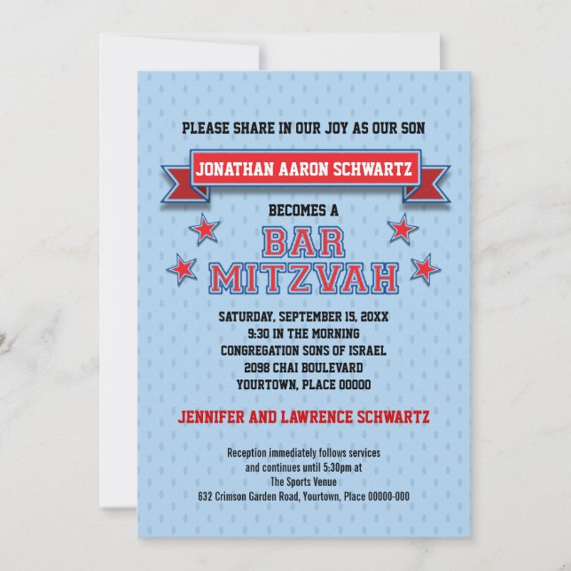 Invitación El bar Mitzvah de deportes rojos y azules (Anverso)