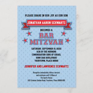 Invitación El bar Mitzvah de deportes rojos y azules
