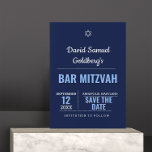Invitación El bar moderno azul de la marina Mitzvah Guardar l<br><div class="desc">Diseñados para coordinar con toda la colección de la barra azul de la marina Mitzvah,  estas tarjetas Save the Date anuncian su evento con estilo. Cada campo es totalmente personalizable para decir lo que quieras.</div>