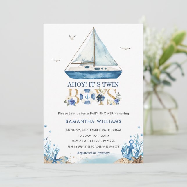 Invitación El barco Nautical Ahoy es Baby Shower de dos hombr (Anverso de pie)
