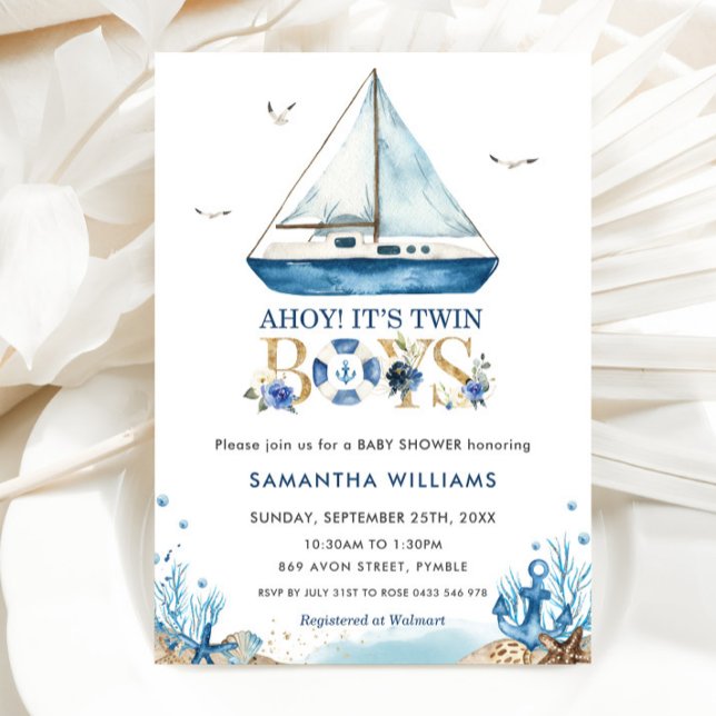 Invitación El barco náutico Ahoy es Baby Shower de dos gemelo (Subido por el creador)