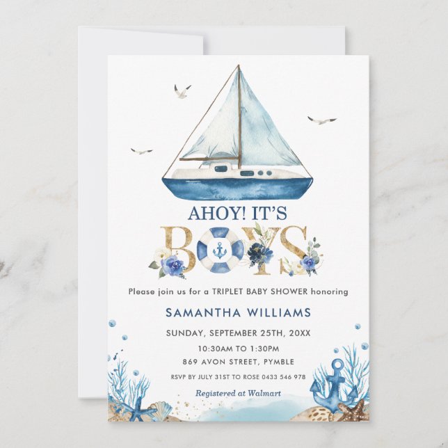 Invitación El barco náutico Ahoy es el triplet de Baby Shower (Anverso)
