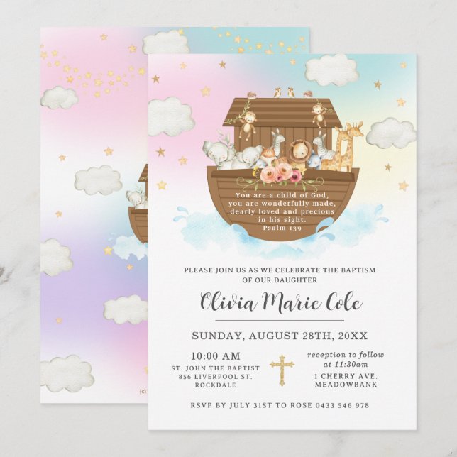 Invitación El bautismo arcoiris de Noé cristiana dedicación (Anverso / Reverso)