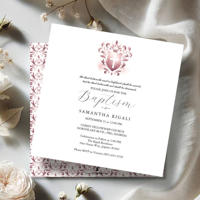 Invitación El bautismo cuadrado invita al rosa religioso (Daughter baptism invitations dusty rose watercolor)