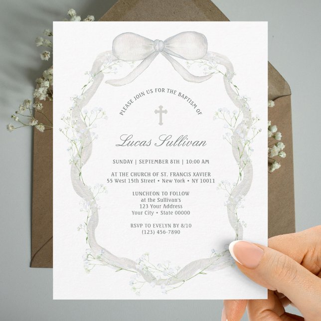 Invitación El bautismo de aliento del bebé de la cinta blanca (Subido por el creador)