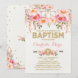 Invitación El bautismo de boho invita a soñador floral de oro