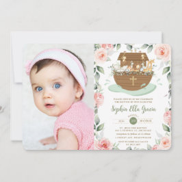 Invitación El bautismo de Chica floral rosado de Noé