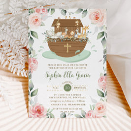 Invitación El bautismo de Chica floral rosado de Noé