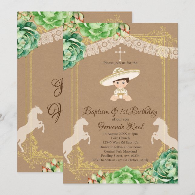 Invitación El bautismo de Kraft Cactus Fiesta y el niño de pr (Anverso / Reverso)
