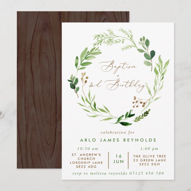 Invitación El bautismo de la flor verde y el segundo cumpleañ (Anverso / Reverso)