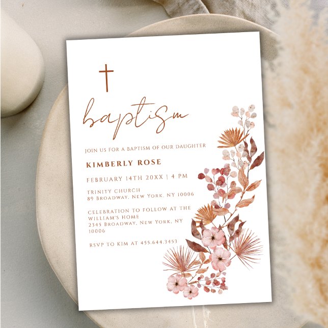 Invitación El bautismo de Little Wildflower Boho Terracotta (Little Wildflower Boho Terracotta Baptism Invitation)