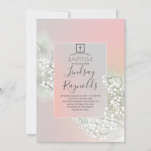 Invitación El bautismo de los Chicas florales rosados de Rubo (Anverso)