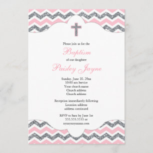 Invitación El bautismo de los Chicas Purpurinas rosados y pla