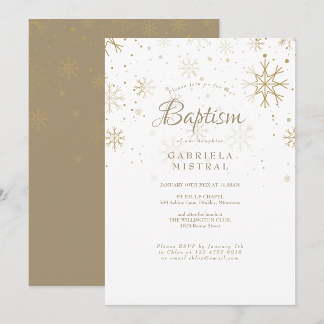 Invitación El bautismo de los copos de nieve de oro (Anverso / Reverso)