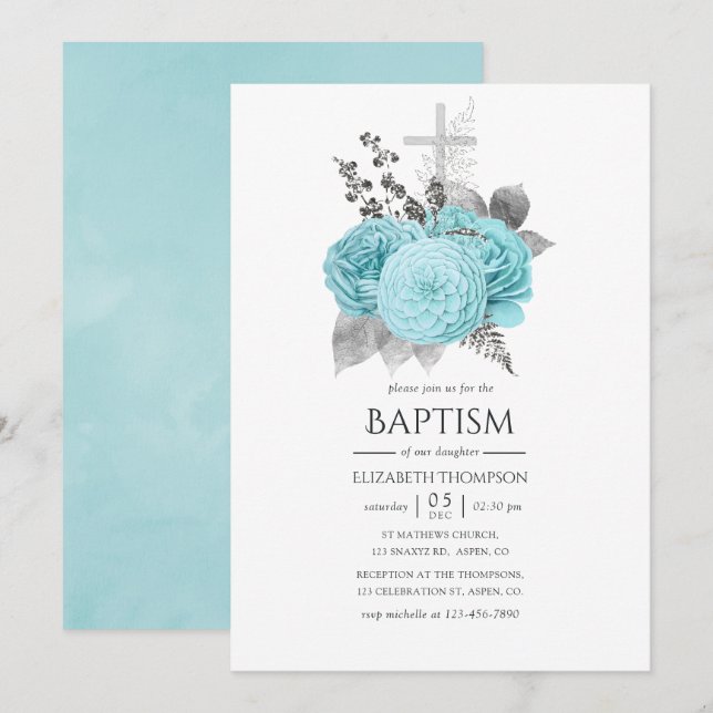 Invitación El bautismo de los Rosas de Shabby Aqua y Silver V (Anverso / Reverso)