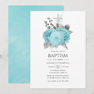 Invitación El bautismo de los Rosas de Shabby Aqua y Silver V