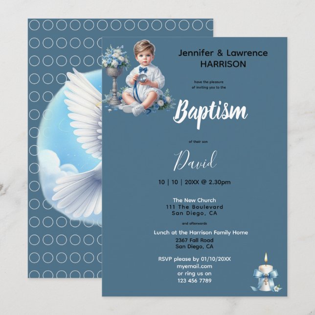 Invitación El bautismo de niño azul personalizado (Anverso / Reverso)